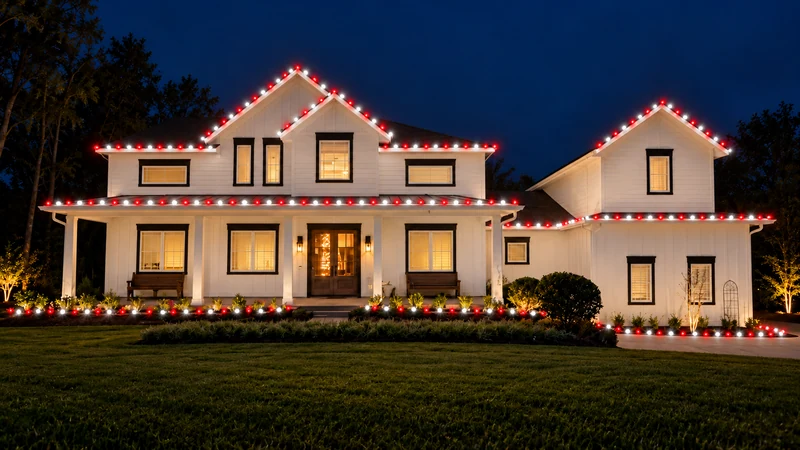 Alternating red and white candy cane lighting preview on the same front-facing white farmhouse
