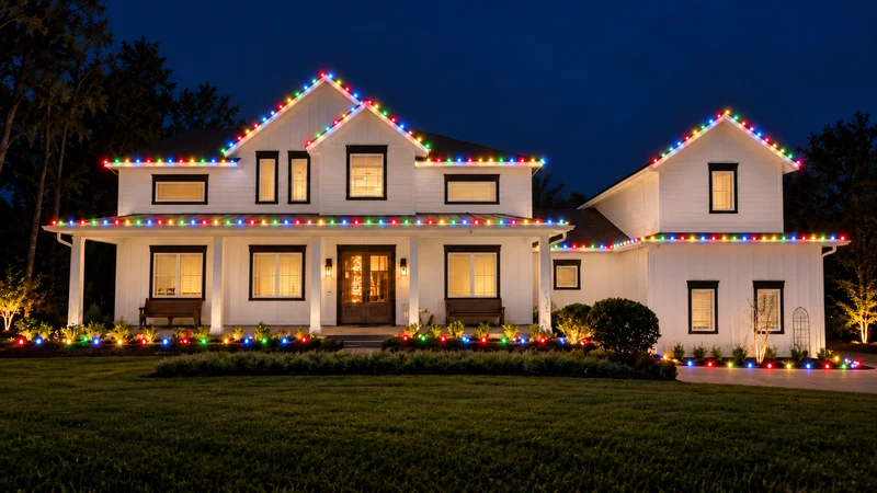 Multicolor lighting preview on the same front-facing white farmhouse