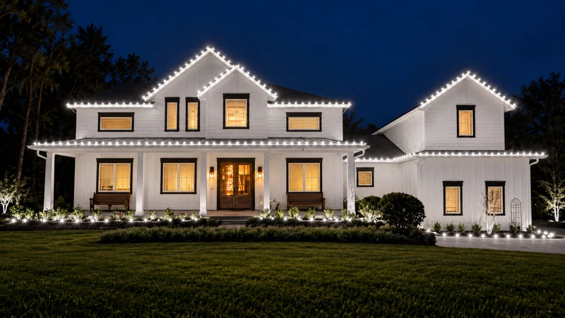 Pure white lighting preview on the same front-facing white farmhouse